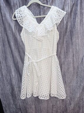 Danny & Nicole White Eyelet Ruffle V-Neck Dress with Waist Tie